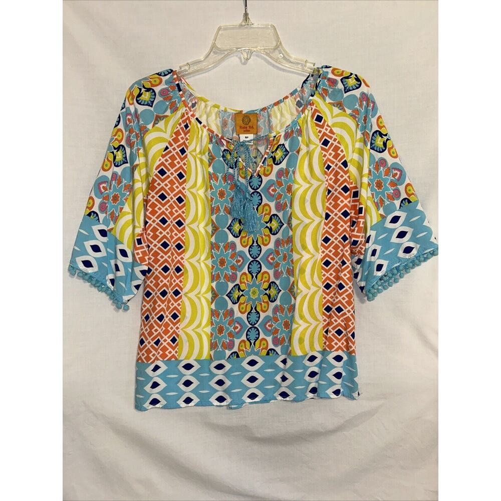 Ruby Rd Women’s Peasant Top 6P Sleeve With Tassel And PomPom Detail